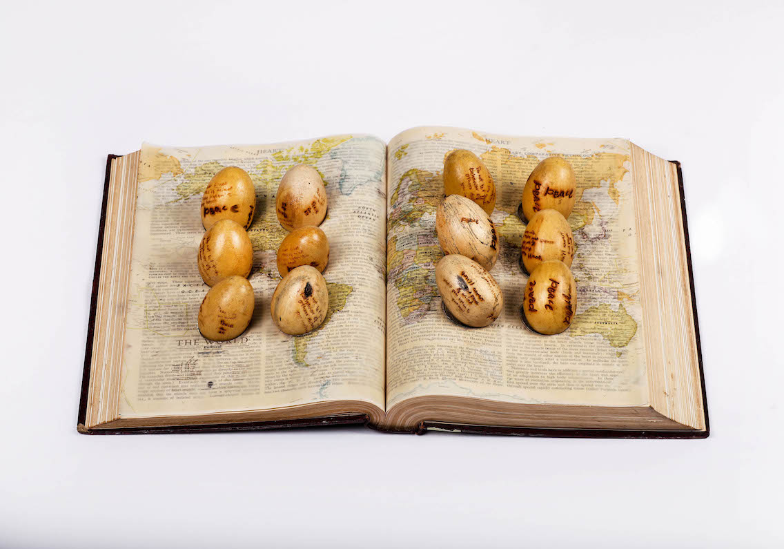 Kingsley Gunatillake, book art, Used books & wooden eggs