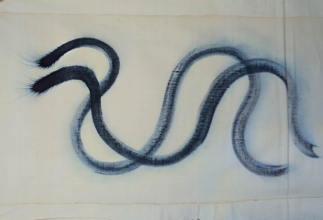 Kaimurai, indigo on handamade textile