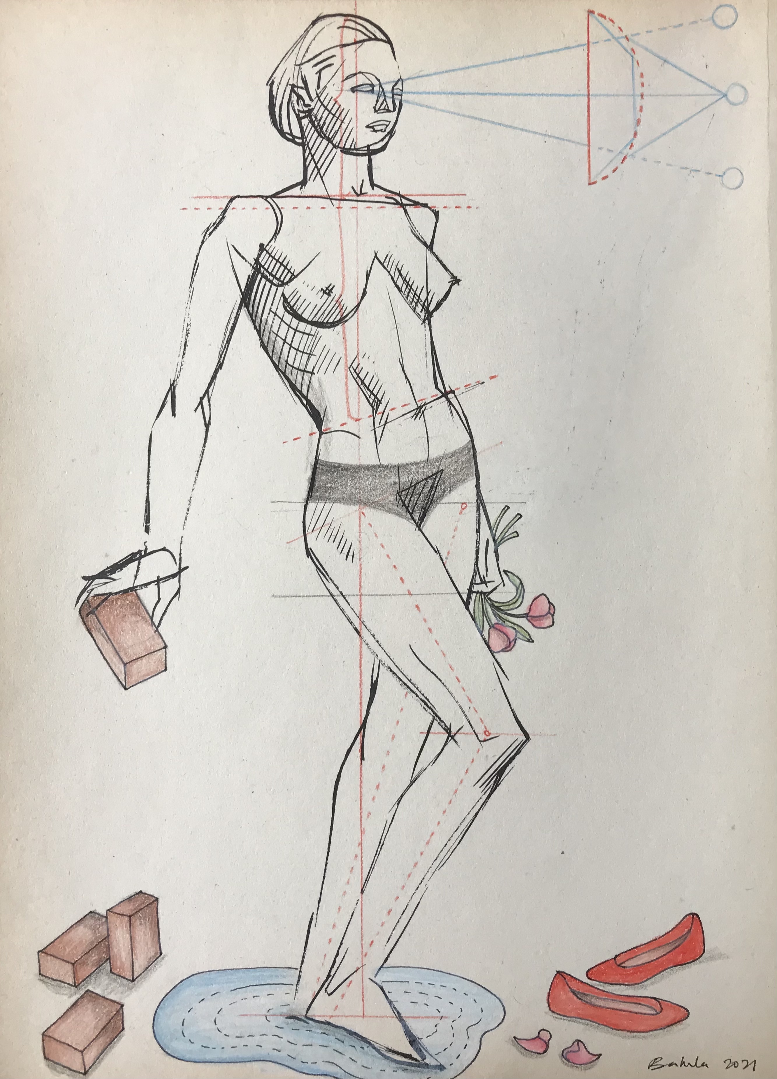 Bakula Nayak, contempoary artist, vintage paper drawing