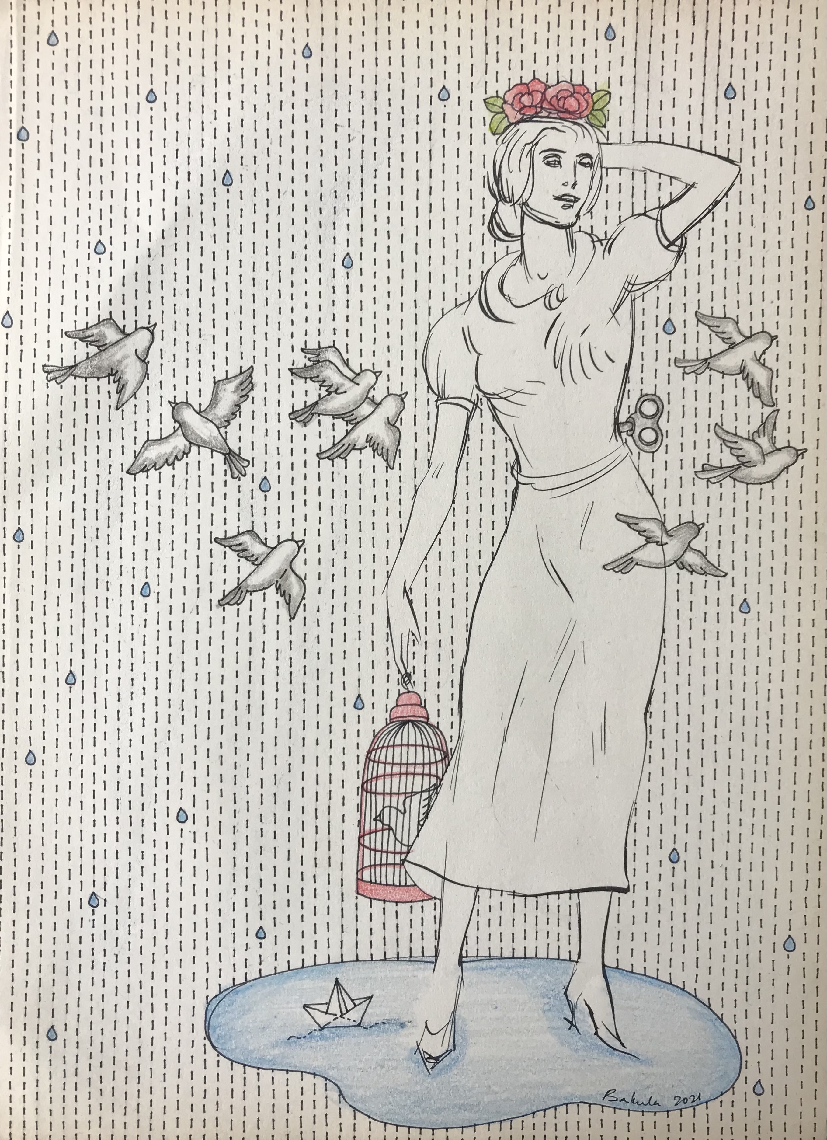 Bakula Nayak, contempoary artist, vintage paper drawing